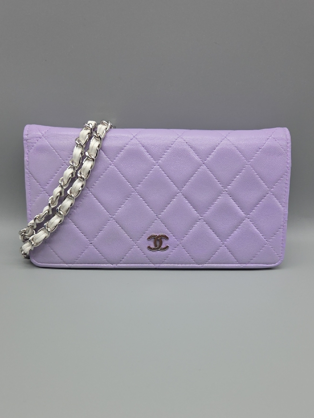 CHANEL Lilac Quilted Leather Wallet-on-Chain with Silver Chain